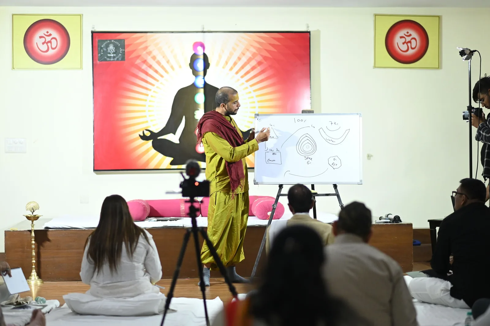 Ashishh L Vyas explaining the chakras at a whiteboard during a session